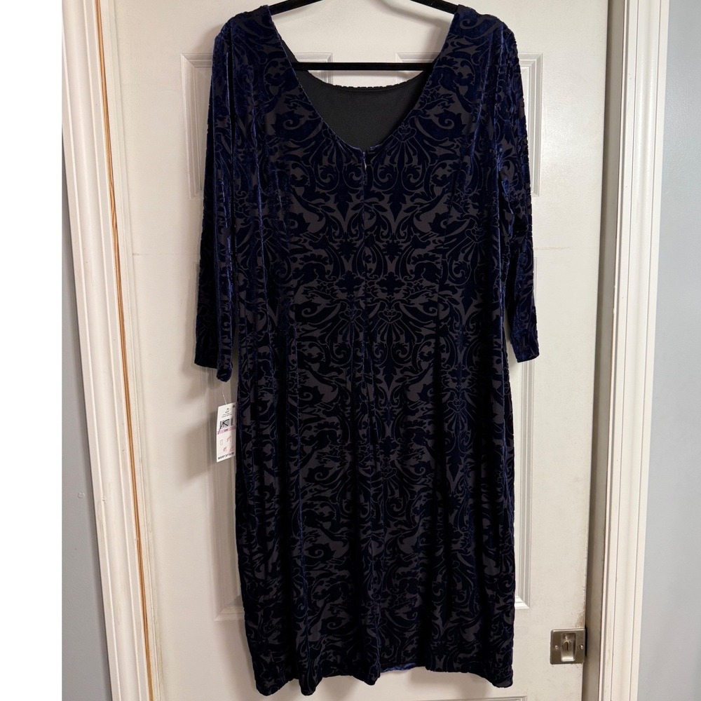 SLNY Womens 22W Navy Blue Velvet Burnout Damask Sheath Dress 3/4 Sleeve - Picture 6 of 10